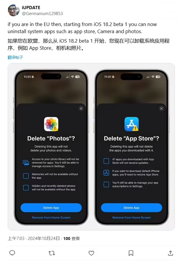 白玉苹果手机维修分享iOS 18.2 支持删除 App Store 应用商店 